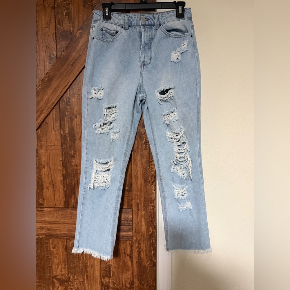 Vanilla Star 90’s Boyfriend Light Blue Distressed Button Fly Jeans Size 7